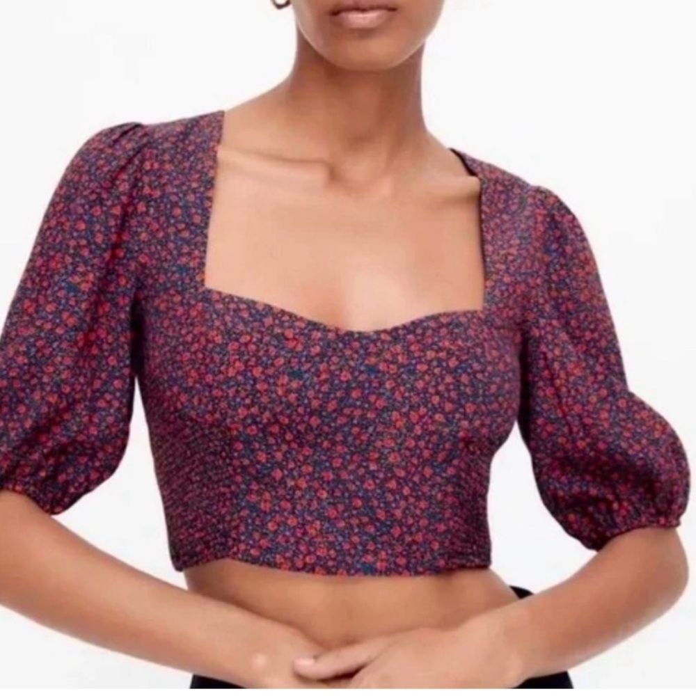 Zara Black and Red Floral Puff Sleeve Crop Top